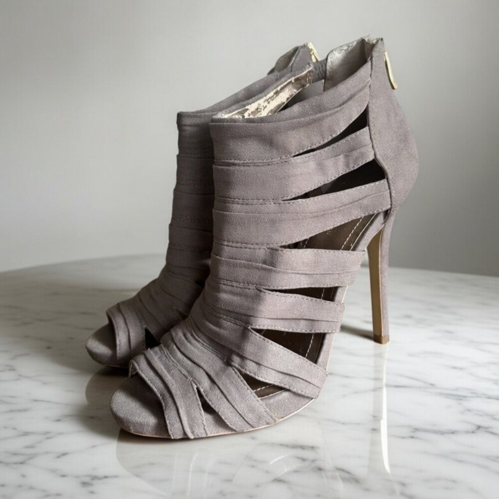 BCBGeneration Jubilee Taupe Bandage Stiletto Heels Size 9M Strappy Peep Toe - Picture 2 of 14